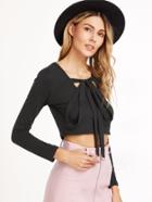 Romwe Black Self Tie Front Crop T-shirt
