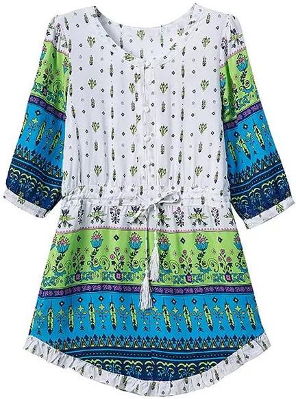 Romwe Round Neck Drawstring European Style Print Green Dress