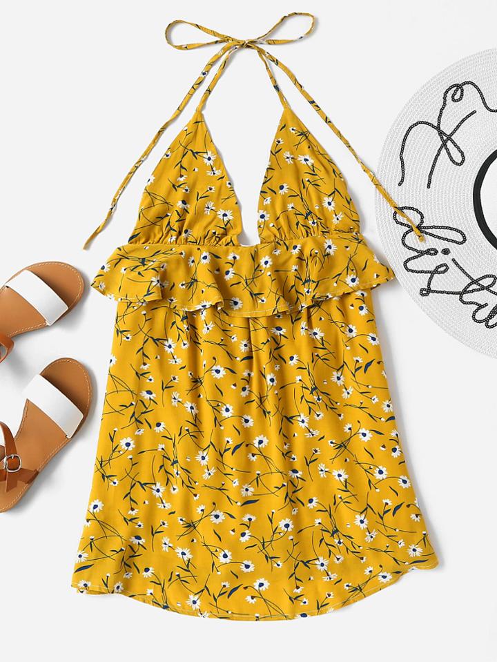 Romwe Halter Neck Ditsy Print Random Frill Trim Dress