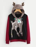 Romwe Elk Ear Hooded Color Block Sweatshirt