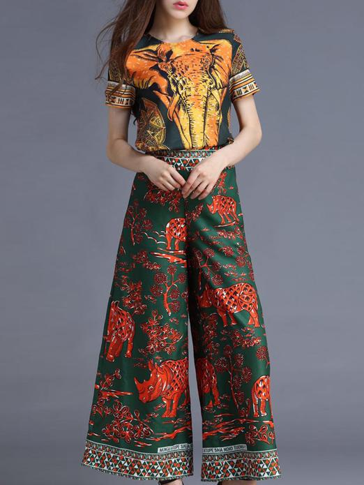 Romwe Multicolor Elephant Top With Rhinoceros Print Pants