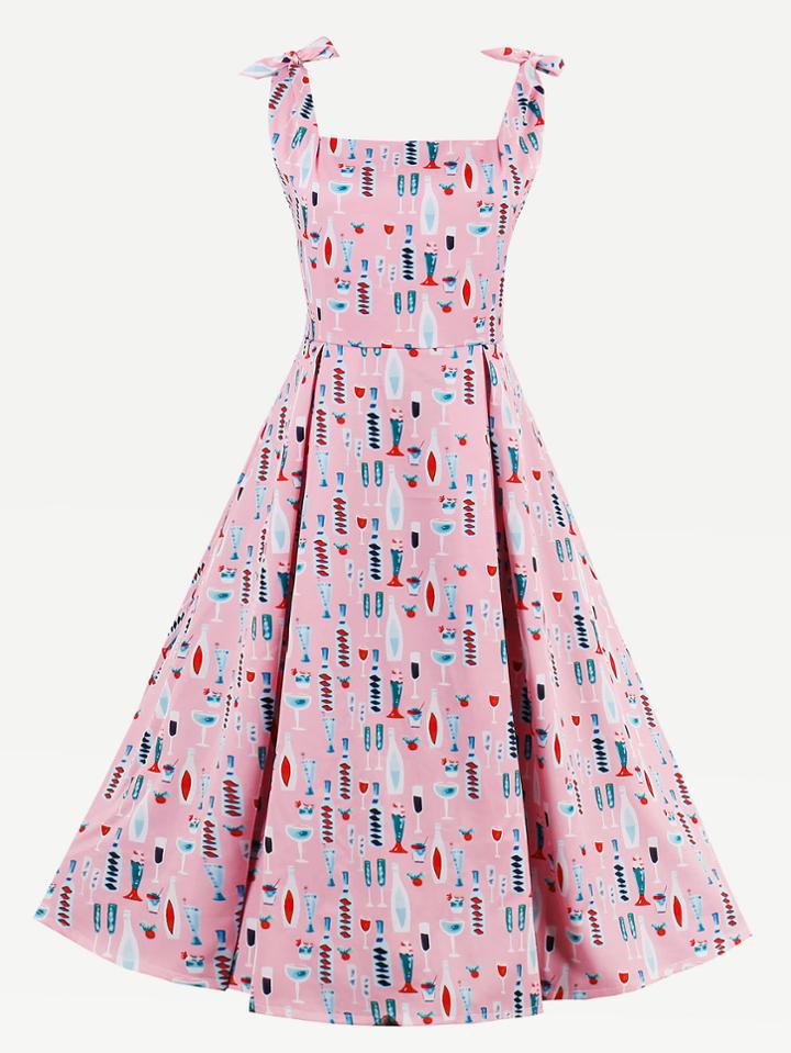 Romwe Allover Print Tie-strap Swing Dress