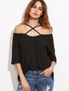 Romwe Crisscross Cold Shoulder Ribbed T-shirt