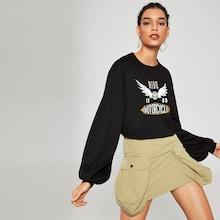 Romwe Balloon Sleeve Raw Hem Graphic Pullover