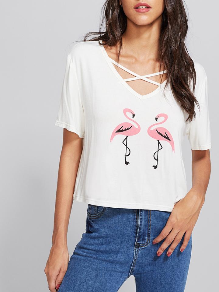 Romwe Crisscross Neck Flamingo Print Boxy Tee