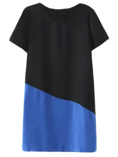 Romwe Blue Short Sleeve Color Block Shift Dress