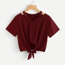 Romwe Cut Out V Neck Knot Hem Crop Tee