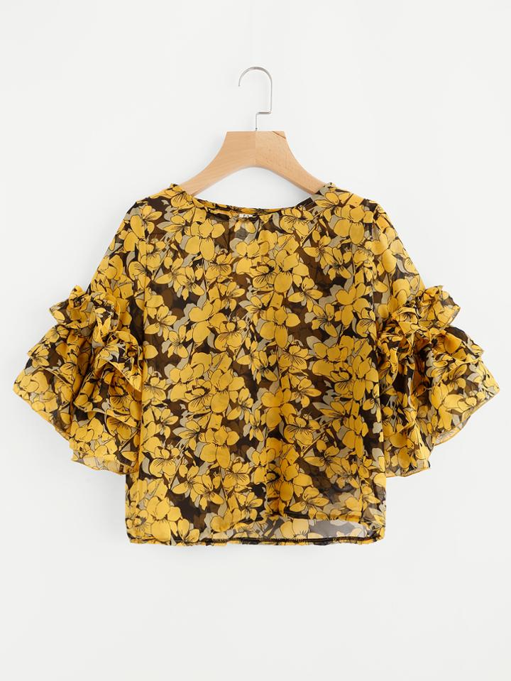 Romwe Floral Print Tiered Ruffle Sleeve Blouse