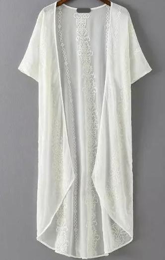 Romwe Embroidered Chiffon Long White Top