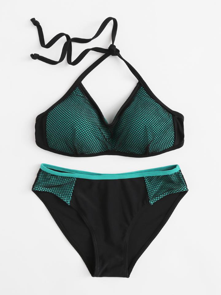 Romwe Net Overlay Bikini Set