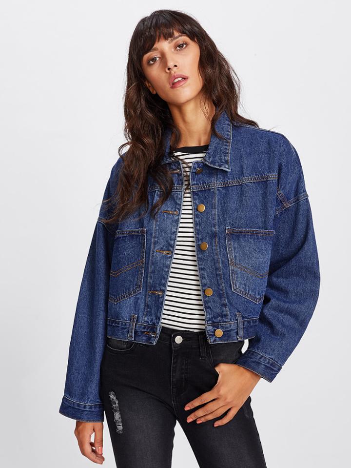 Romwe Drop Shoulder Crop Denim Jacket