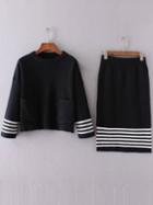 Romwe Black Striped Front Pocket Sweater With Skirt