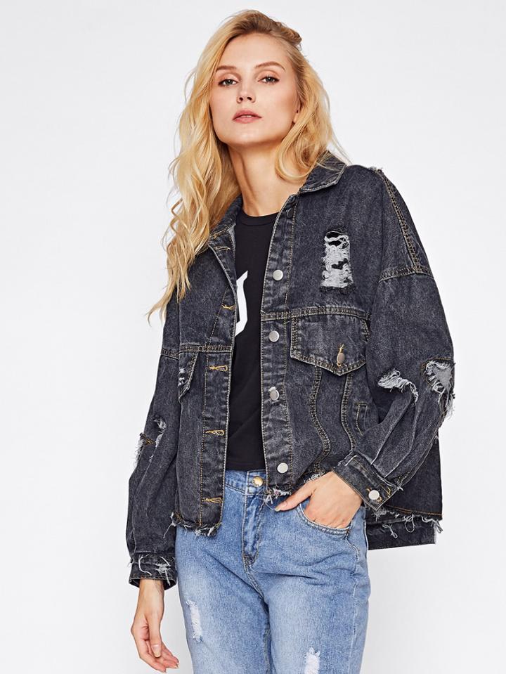 Romwe Ripped Frayed Drop Shoulder Denim Jacket