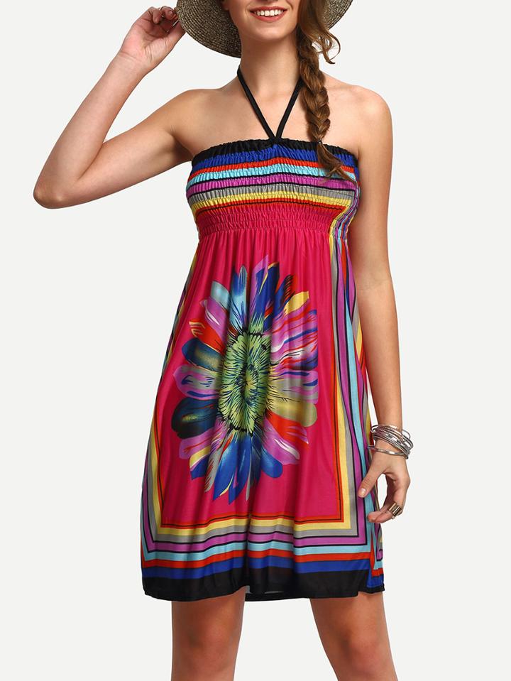 Romwe Halter Flower Print Beach Dress