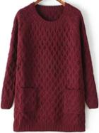 Romwe Round Neck Pockets Long Burgundy Sweater