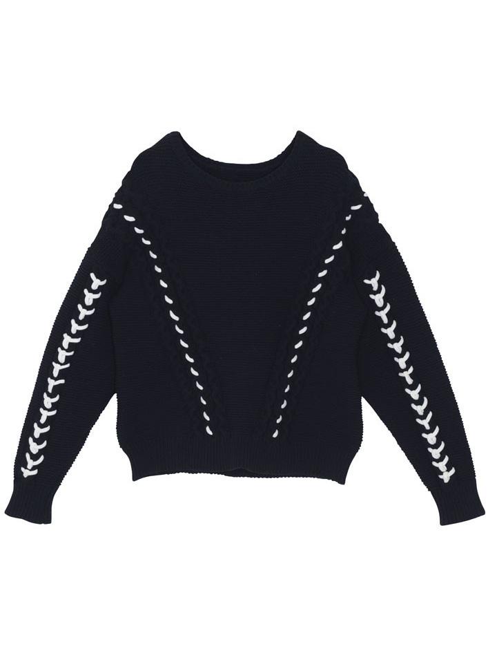 Romwe Round Neck Ribbon Loose Black Sweater