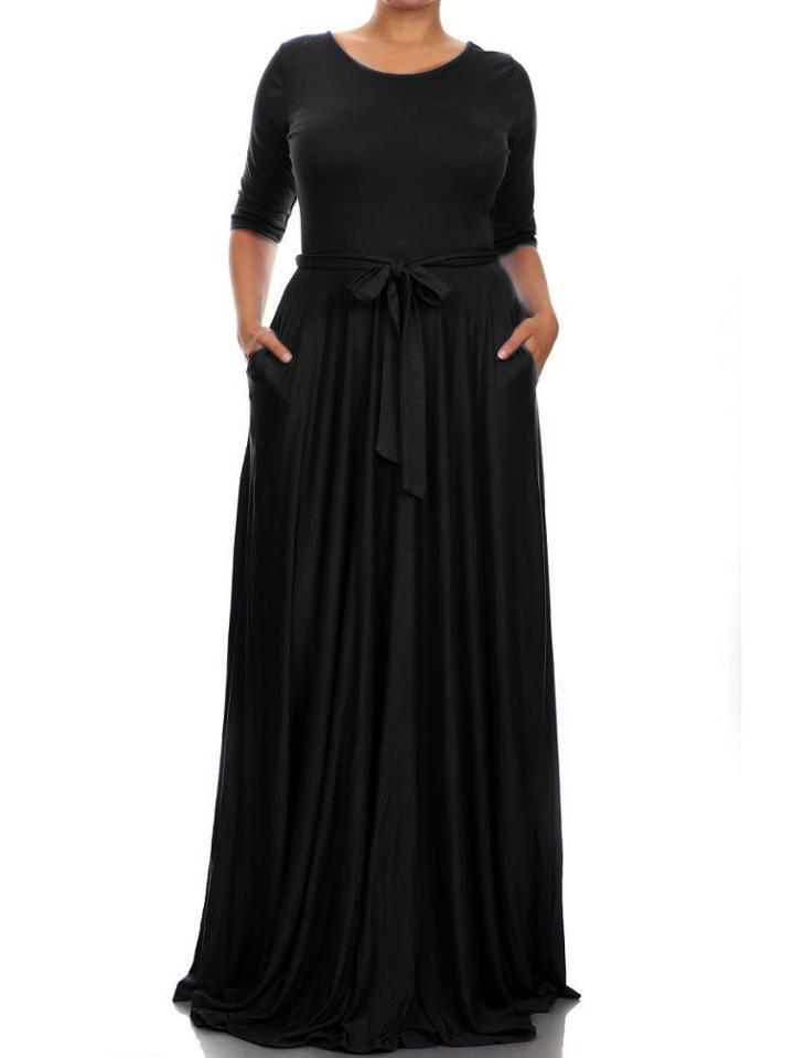 Romwe Round Neck Belt Maxi Black Dress