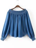 Romwe Blue Off The Shoulder Lantern Sleeve Frayed Denim Blouse