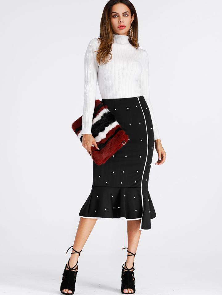 Romwe Pearl Beaded Frill Hem Ringer Skirt