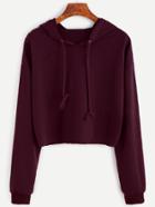 Romwe Burgundy Drop Shoulder Ripped Drawstring Hooded Sweatshirt