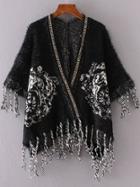 Romwe Black Chain Trim Fringe Detail Mohair Poncho Sweater