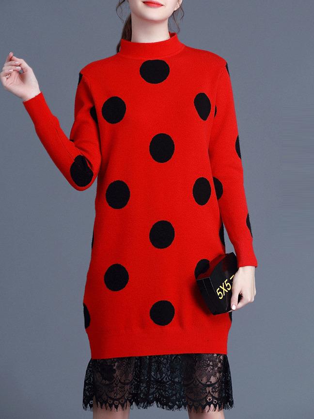 Romwe Red Polka Dot Knit Contrast Lace Dress
