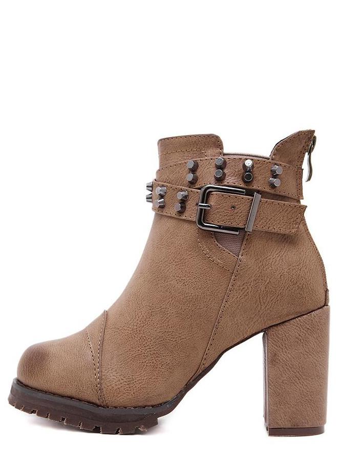 Romwe Brown Back Zipper Studded Ankle Boots