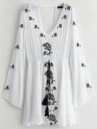 Romwe White Embroidery Cut Out Back Fringe Drawstring Dress