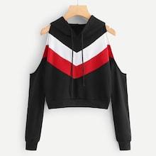Romwe Open Shoulder Color-block Hoodie