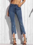 Romwe Blue Distressed Flared Ankle Jeans