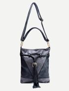 Romwe Black Faux Leather Tassel Trim Drawstring Shoulder Bag