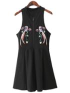 Romwe Black Zipper Front Bird Embroidery Pleated Dress