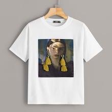 Romwe Tassel Patched Figure Print Tee