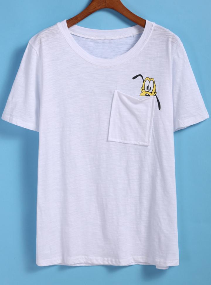Romwe Dog Print With Pocket White T-shirt