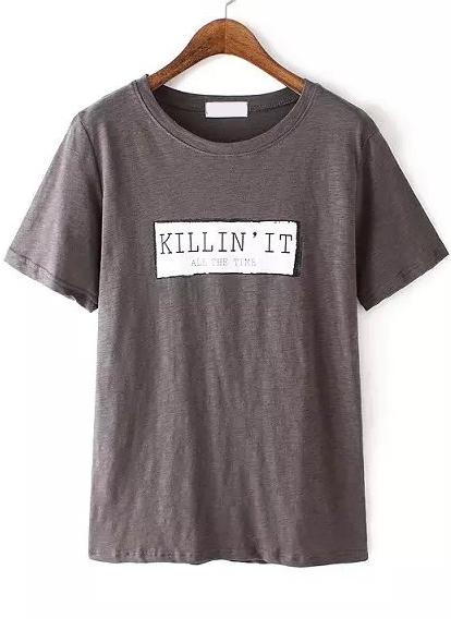 Romwe Letter Print Loose Coffee T-shirt