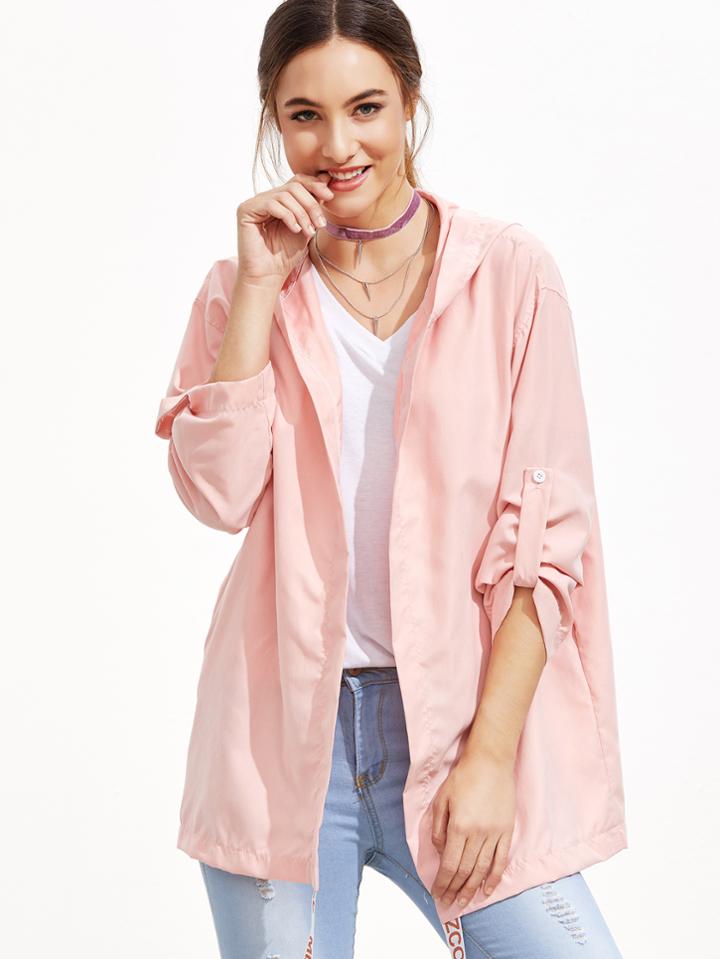Romwe Pink Letter Print Back Hooded Coat With Tape Detail