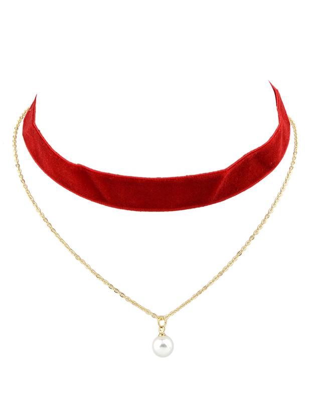 Romwe Red Gothic Wide Velvet Choker Chain Necklace