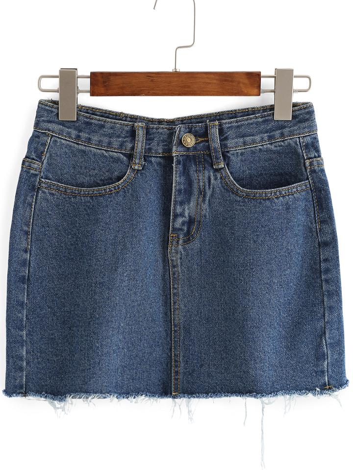 Romwe Frayed Denim Blue Skirt