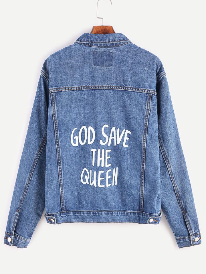 Romwe Blue Letter Print Back Button Denim Jacket