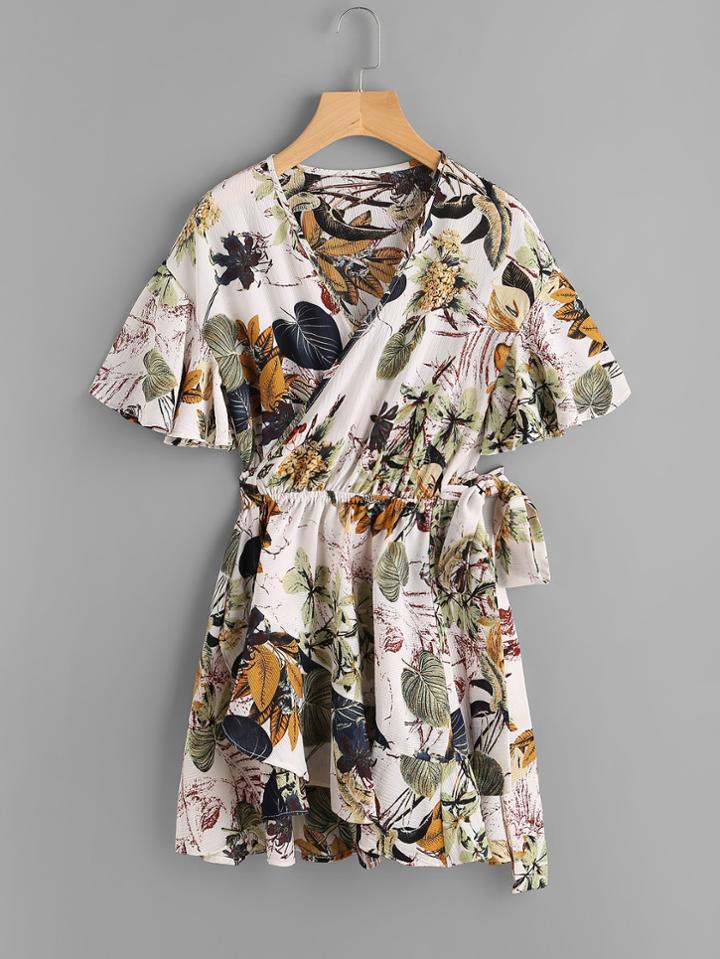 Romwe Palm Leaf Surplice Self Tie Asymmetric Hem Dress
