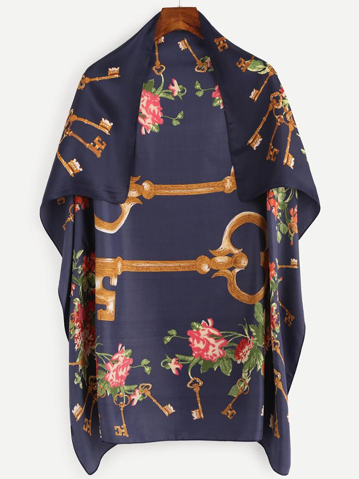 Romwe Navy Retro Key Rose Flower Pattern Square Scarf