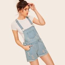 Romwe Stitch Detail Ripped Cuffed Hem Denim Overalls
