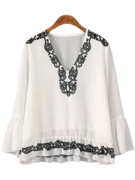 Romwe Black White National Print Bell Sleeve Blouse