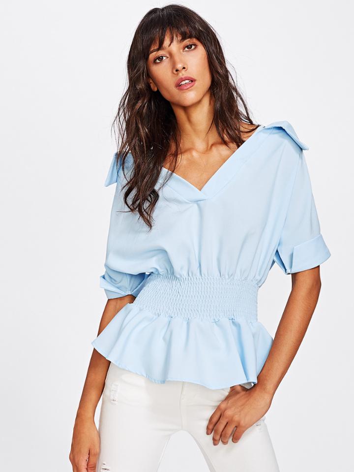 Romwe V Neckline Elastic Waist Frill Hem Cuffed Top