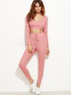 Romwe Pink Crop Hooded Top With Drawstring Waist Pants