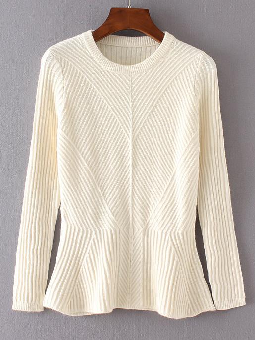 Romwe Beige Ruffle Hem Ribbed Sweater