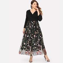Romwe Plus Floral Embroidered Mesh Panel Dress