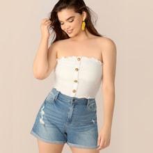Romwe Plus Button Front Rib-knit Lettuce Trim Bandeau Top