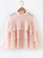 Romwe Pink Mesh Detail Layered Blouse