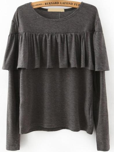 Romwe Long Sleeve Ruffle Detail Grey T-shirt